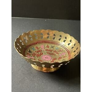 Brass Hand Painted Enamel Cloisonné Trinket Dish Scalloped Edge India Vintage